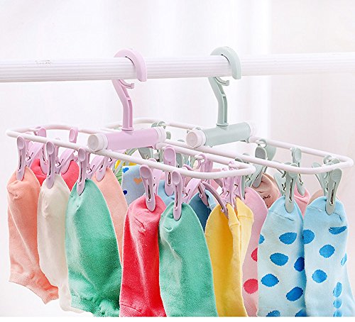 Aschic Folding Portable Laundry Hanger with 12 Clips Drying Rack for Socks&Lingerie Plastic Clothes Pins (Assorted)