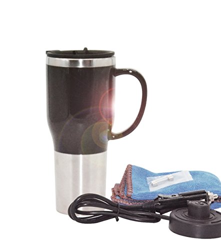 Hot Water Heater Mug for Car - Car Electric Kettle Heated Stainless steel Portable Cigarette Lighter Heating Cup Coffee Cup with Charger for Outdoor Students 12 Volt 450ML 50W, CA107 Black