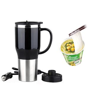 Hot Water Heater Mug for Car - Car Electric Kettle Heated Stainless steel Portable Cigarette Lighter Heating Cup Coffee Cup with Charger for Outdoor Students 12 Volt 450ML 50W, CA107 Black