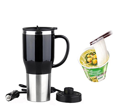 Hot Water Heater Mug for Car - Car Electric Kettle Heated Stainless steel Portable Cigarette Lighter Heating Cup Coffee Cup with Charger for Outdoor Students 12 Volt 450ML 50W, CA107 Black