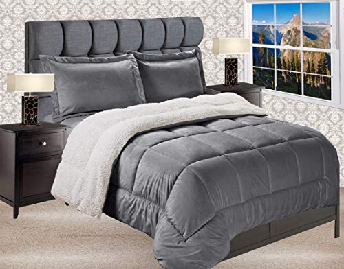 Elegant Comfort Premium Quality Heavy Weight Micromink Sherpa-Backing Reversible Down Alternative Micro-Suede 3-Piece Comforter Set, King, Grey