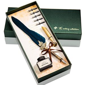 glodeals feather pen feather quill pen antique calligraphy pen dip feather pen set writing case(blue)