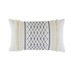 ink+ivy bea mid century modern cotton oblong decorative pillow sofa cushion lumbar, back support, 12" x 20", geometric embroidery ivory, ii30-998