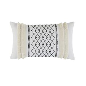 INK+IVY Bea Mid Century Modern Cotton Oblong Decorative Pillow Sofa Cushion Lumbar, Back Support, 12" x 20", Geometric Embroidery Ivory, II30-998