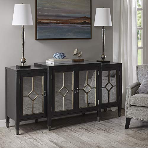 Madison Park Lyle Media Console Cabinet - Modern Luxe, Mirrored Door with Metal Hardware Buffet/Sideboard Living Room Furniture, Black