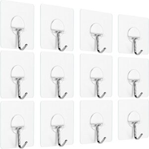 anwenk 12pack wall hooks adhesive wall hanging hooks stick on hooks ceiling hanger damage free hanging reusable waterproof for home bathroom kitchen refrigerator door keys bags,clear- promotion