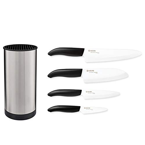 Kyocera 5 piece Ceramic Knife Block Set,White Blade Sizes: 5.5", 5", 4.5", 3", Stainless