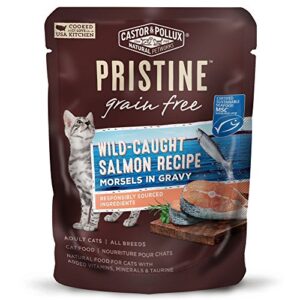 castor & pollux pristine grain free wild-caught salmon recipe morsels in gravy cat food pouches, (24) 3oz cans