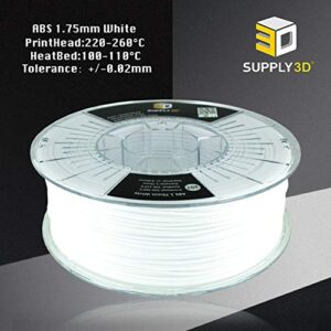 SUPPLY3D 1.75mm White ABS 3D Printer Filament 1kg Spool (2.2lbs), Accuracy +/- 0.03 MM, White