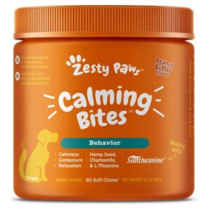 zesty paws calming chews for dogs - composure & relaxation for everyday stress & separation - with ashwagandha, organic chamomile, l-theanine & l-tryptophan – peanut butter - 90 count