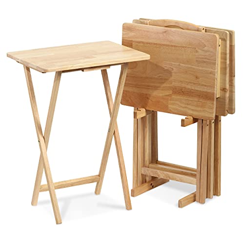 PJ Wood Folding TV Tray Table & Snack Table with Storage Rack, Natural - 5 Piece Set