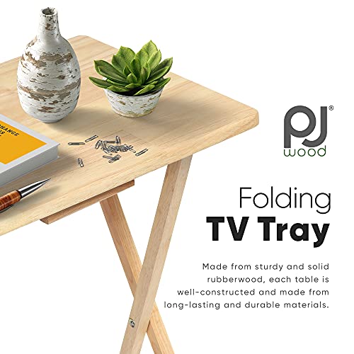 PJ Wood Folding TV Tray Table & Snack Table with Storage Rack, Natural - 5 Piece Set