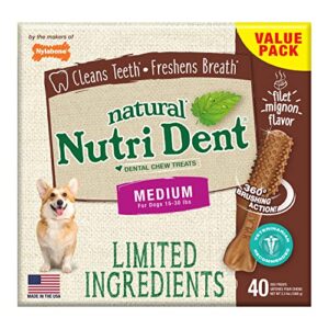 nylabone nutri dent dog dental treats - natural dog teeth cleaning & breath freshener - dental treats for dogs - filet mignon flavor, medium (40 count)