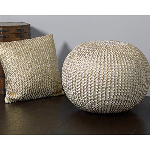 L.R. Resources Fairbanks Bone Knitted Pouf Ottoman, 1'4" x 1'8", Ivory/Gold -, 20" x 20" x 16"