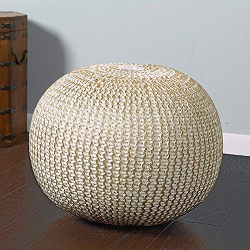 L.R. Resources Fairbanks Bone Knitted Pouf Ottoman, 1'4" x 1'8", Ivory/Gold -, 20" x 20" x 16"