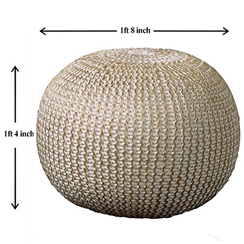 L.R. Resources Fairbanks Bone Knitted Pouf Ottoman, 1'4" x 1'8", Ivory/Gold -, 20" x 20" x 16"