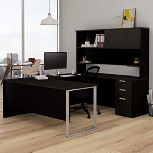 Bestar Pro-Concept Plus U-Shaped Executive Desk with Pedestal and Hutch, Deep Grey & Black