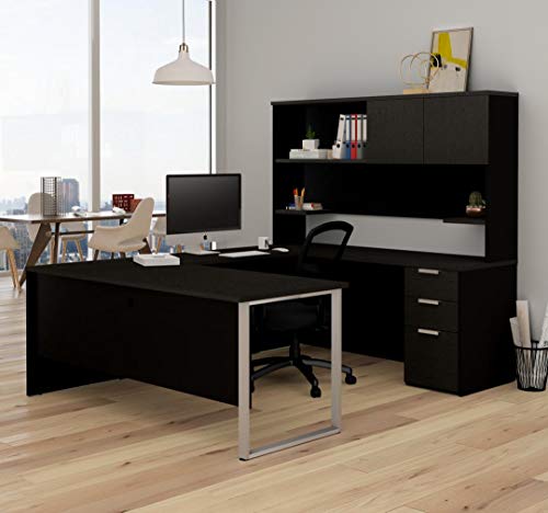 Bestar Pro-Concept Plus U-Shaped Executive Desk with Pedestal and Hutch, Deep Grey & Black