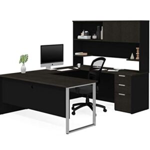 Bestar Pro-Concept Plus U-Shaped Executive Desk with Pedestal and Hutch, Deep Grey & Black