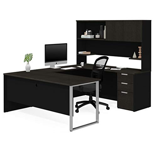 Bestar Pro-Concept Plus U-Shaped Executive Desk with Pedestal and Hutch, Deep Grey & Black