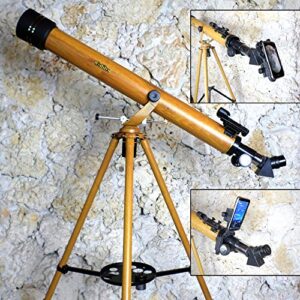 galileo 800mm x 60mm wood grain finish astro-terrestrial telescope kit with smartphone adapter