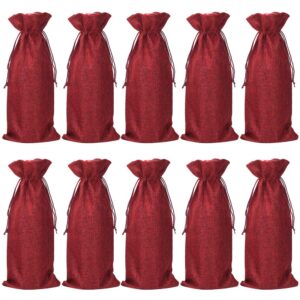 hrx package pack of 10 burlap wine bags with drawstring for christmas, 14 x 6 1/4 inches (red)