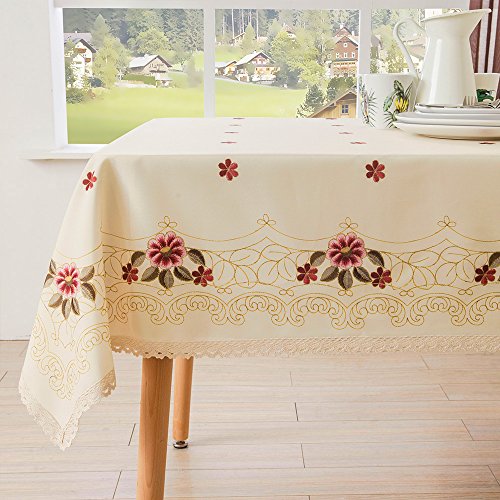 Wewoch Decorative Red Floral Print Lace Water Resistant Tablecloth Wrinkle Free and Stain Resistant Fabric Tablecloths for Kitchen Room 60 Inch by 84 Inch