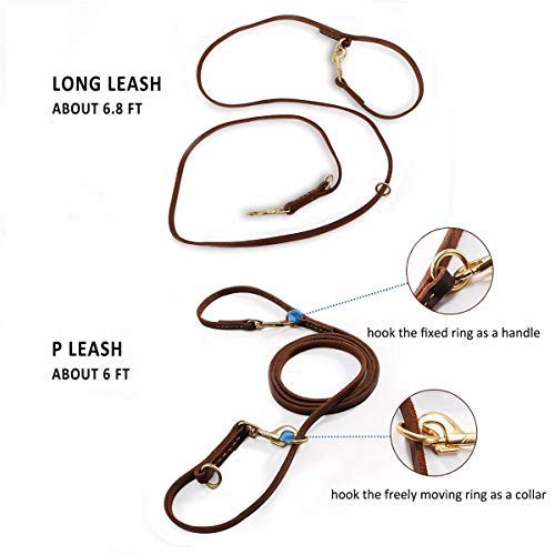 Durable Multi Function 8ft Leather Dog Leash, Genuine Leather Leash Hands Free Leash Dog Training Leash for Small, Medium and Large Dogs