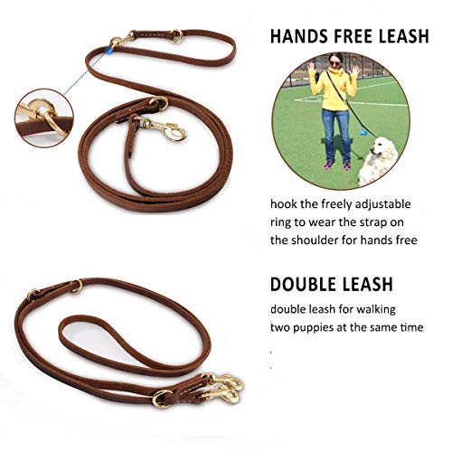 Durable Multi Function 8ft Leather Dog Leash, Genuine Leather Leash Hands Free Leash Dog Training Leash for Small, Medium and Large Dogs