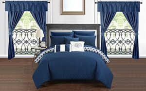 chic home sigal 20 piece comforter set reversible geometric quilted design complete bed in a bag bedding – sheets decorative pillows shams window treatments curtains included king navy