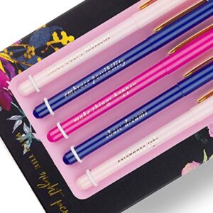 Eccolo Midnight Garden Pen Gift Set - Fine Tip Black Ink Ballpoint Pens (Set of 5), Inspiring Quotes, Gift Boxed