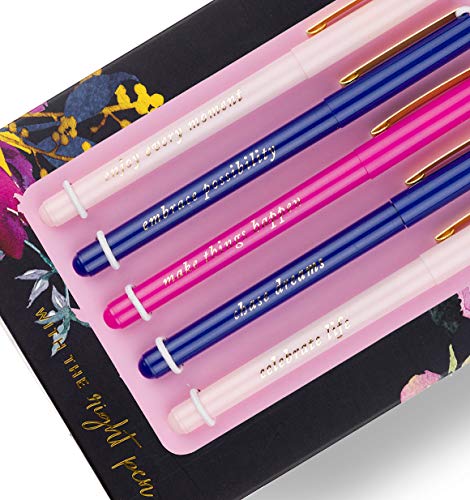 Eccolo Midnight Garden Pen Gift Set - Fine Tip Black Ink Ballpoint Pens (Set of 5), Inspiring Quotes, Gift Boxed