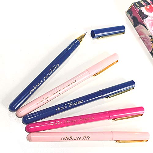 Eccolo Midnight Garden Pen Gift Set - Fine Tip Black Ink Ballpoint Pens (Set of 5), Inspiring Quotes, Gift Boxed