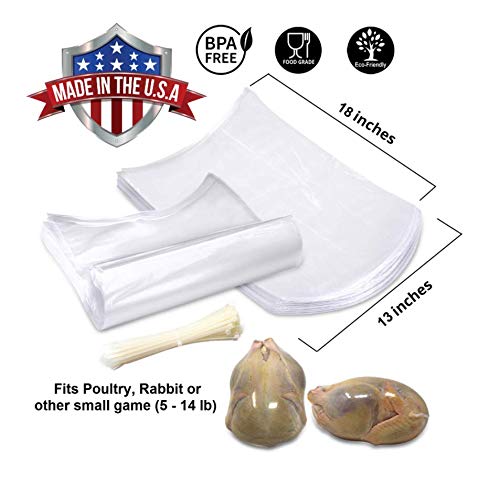 Poultry Shrink Bags - Clear 13" x 18" Chickens or Rabbits - w/zip ties included / 2.5 Mil/Freezer Safe Commercial Grade BPA BPS Free (50)