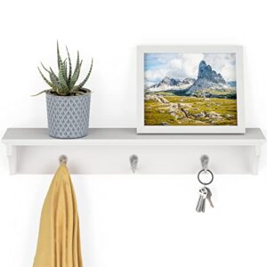 Ballucci Coat Rack with Shelf, 24" Wall Shelf with Hooks, Wood Entryway Organizer Hat and Key Rack with 3 Metal Hooks, White