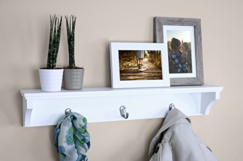 Ballucci Coat Rack with Shelf, 24" Wall Shelf with Hooks, Wood Entryway Organizer Hat and Key Rack with 3 Metal Hooks, White