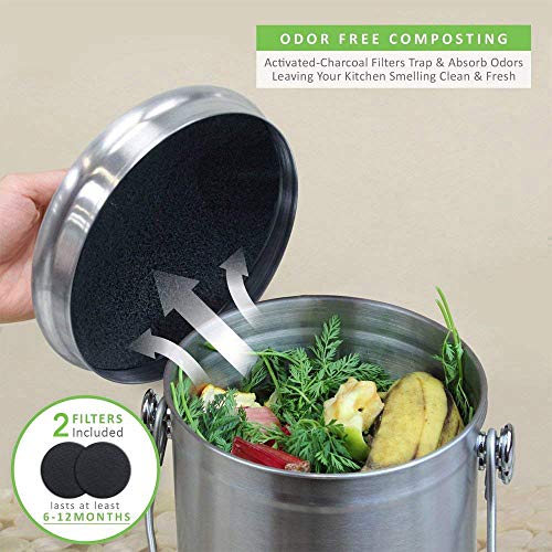 Abakoo Compost Bin 1.8 Gallon Stainless Steel - Abakoo 304 Stainless Steel Kitchen Composter - 2 Charcoal Filter, Indoor Countertop Kitchen Recycling Bin Pail