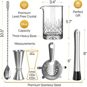 MOFADO Crystal Cocktail Mixing Glass Set - 5 Piece - 18oz 550ml Thick Bottom Crystal Mixing Glass, Spoon, Jigger, Strainer & Muddler - Professional Quality - Makes a Great Gift 