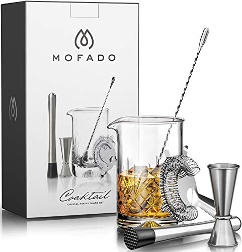 MOFADO Crystal Cocktail Mixing Glass Set - 5 Piece - 18oz 550ml Thick Bottom Crystal Mixing Glass, Spoon, Jigger, Strainer & Muddler - Professional Quality - Makes a Great Gift 