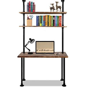 LOKKHAN 79-inch Industrial Laptop Desk Solid Wood Computer Desk Wall Pipe Desk with Shelves Computer Table for Home Office (L:40 inch)
