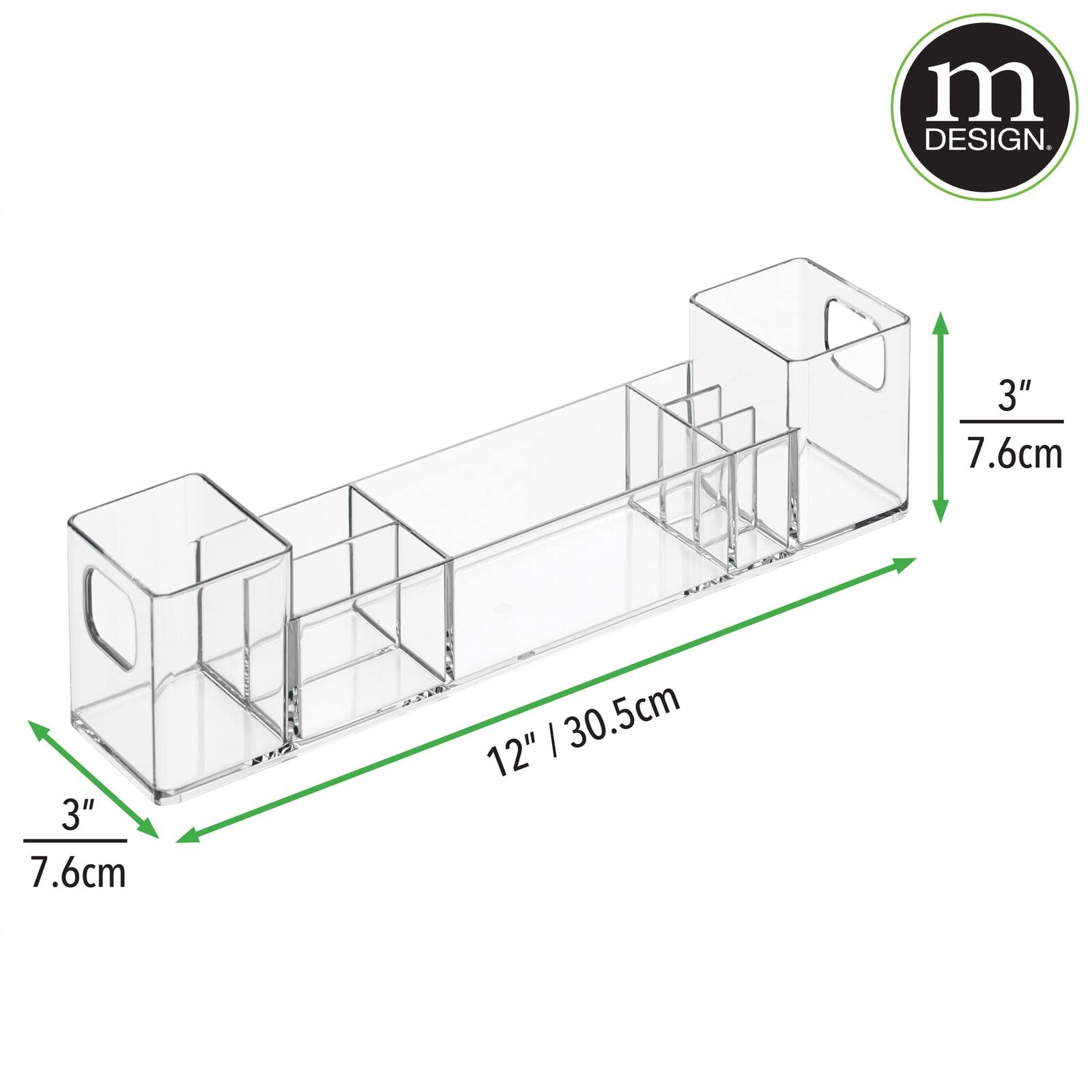 mDesign Plastic Bathroom Medicine Cabinet Organizer with Handles - Divided Vanity Storage Holder/Container for Cotton Swabs, Makeup, Bathroom Essentials/Toiletries, Lumiere Collection, 2 Pack - Clear
