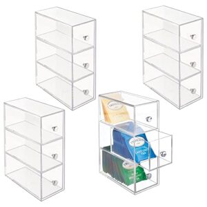 mdesign plastic kitchen pantry stackable storage organizer container station with 3 drawers for cabinet, countertop, holds coffee, tea, sugar packets, creamers - lumiere collection - 4 pack - clear