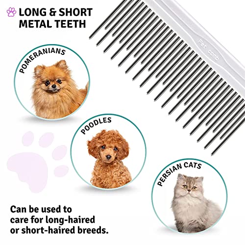 Detangling Pet Comb with Long & Short Stainless Steel Teeth for Removing Matted Fur, Knots & Tangles – Detangler Tool Accessories for Safe & Gentle DIY Dog & Cat Grooming (Grooming Comb)