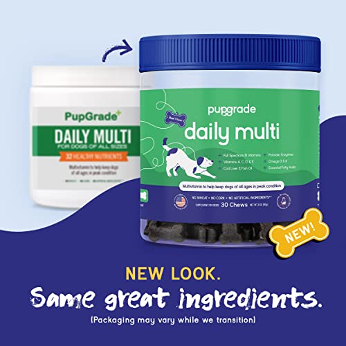 PupGrade Daily Multivitamin for Dogs - All-in-One Supplement for Digestive, Immune, Skin and Coat Health - 32 Healthy Nutrients, Probiotic Enzymes, Omega Fish Oil, Vitamins A, C, D & E - 30 Soft Chews