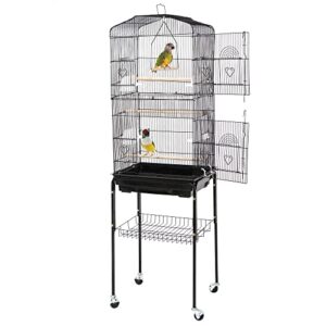 zeny 59.3 inch bird cage, rolling wrought iron parrot cage with side-out tray, storage shelf, pet bird house for parrot cockatiel cockatoo parakeet macaw finches