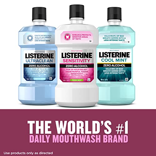 Listerine Sensitivity Mouthwash, Zero Alcohol, Less Intense Formula, for Sensitive Teeth, Bad Breath Treatment, Alcohol Free Mouth Wash for Adults; Fresh Mint Flavor, 500 mL (Pack of 2)