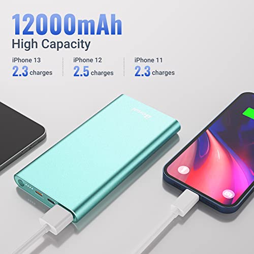 BONAI Portable iPhone Charger 12000mAh Portable Power Bank USB C High Speed 3.0A in/Out Compatible with iPhone 13/12 Samsung iPad - Mint (8-pin Charging Cable Included)