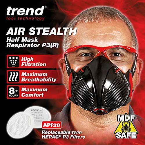 Trend Air Stealth Dust Mask, Half Mask with Replaceable Twin HEPAC Filters for Woodworking, Building & Construction Work, Medium/Large, STEALTH/ML