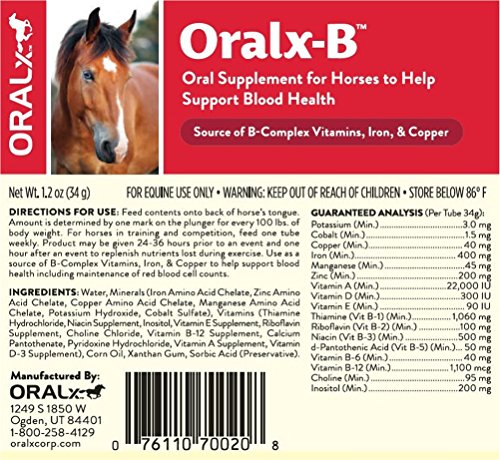 Oralx-B High-Potency B-Vitamin Complex and Chelated Mineral Booster. Nutritional Supplement for Hard-Working Horses. Oral Paste in Easy-Dose Syringe. Guaranteed Analysis. Made in USA.