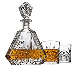 whiskey decanter set with 2 old fashioned whisky glasses for liquor scotch bourbon or wine - irish cut triangular clear